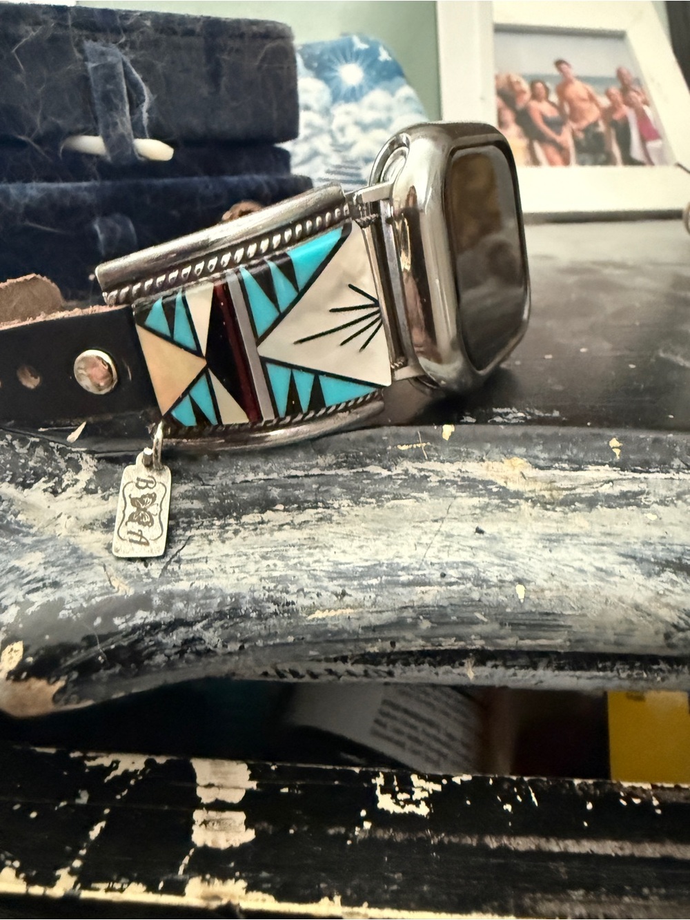 Apple Watchband Native American/SS/turquoise/mop/onyx inlay
